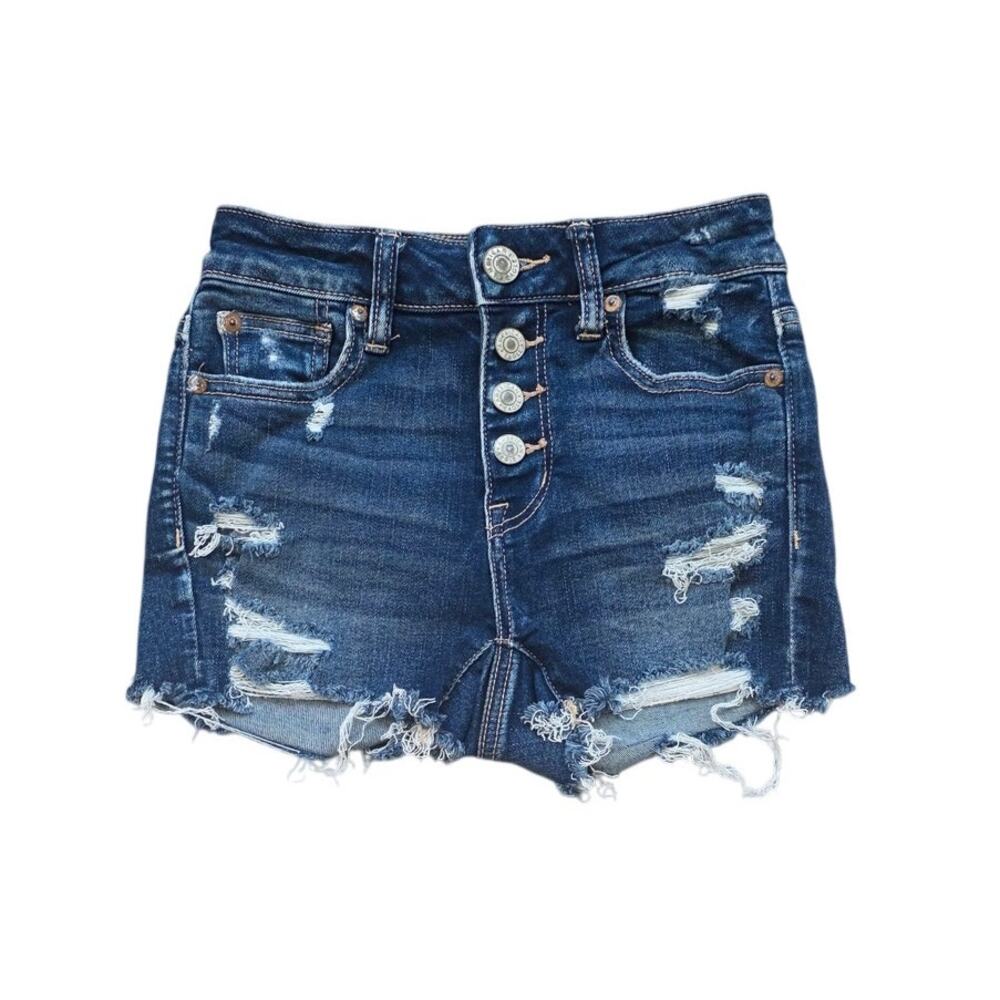 American Eagle Sz 0 High Rise Shortie Jean Shorts Distressed Cutoff Blue
